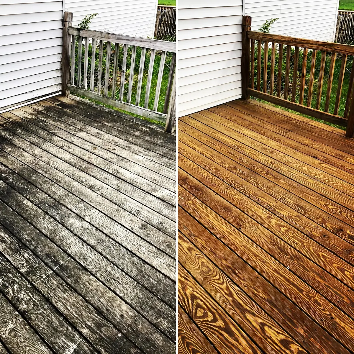 Wood deck before and after pressure washing — grey weathered boards restored to warm brown