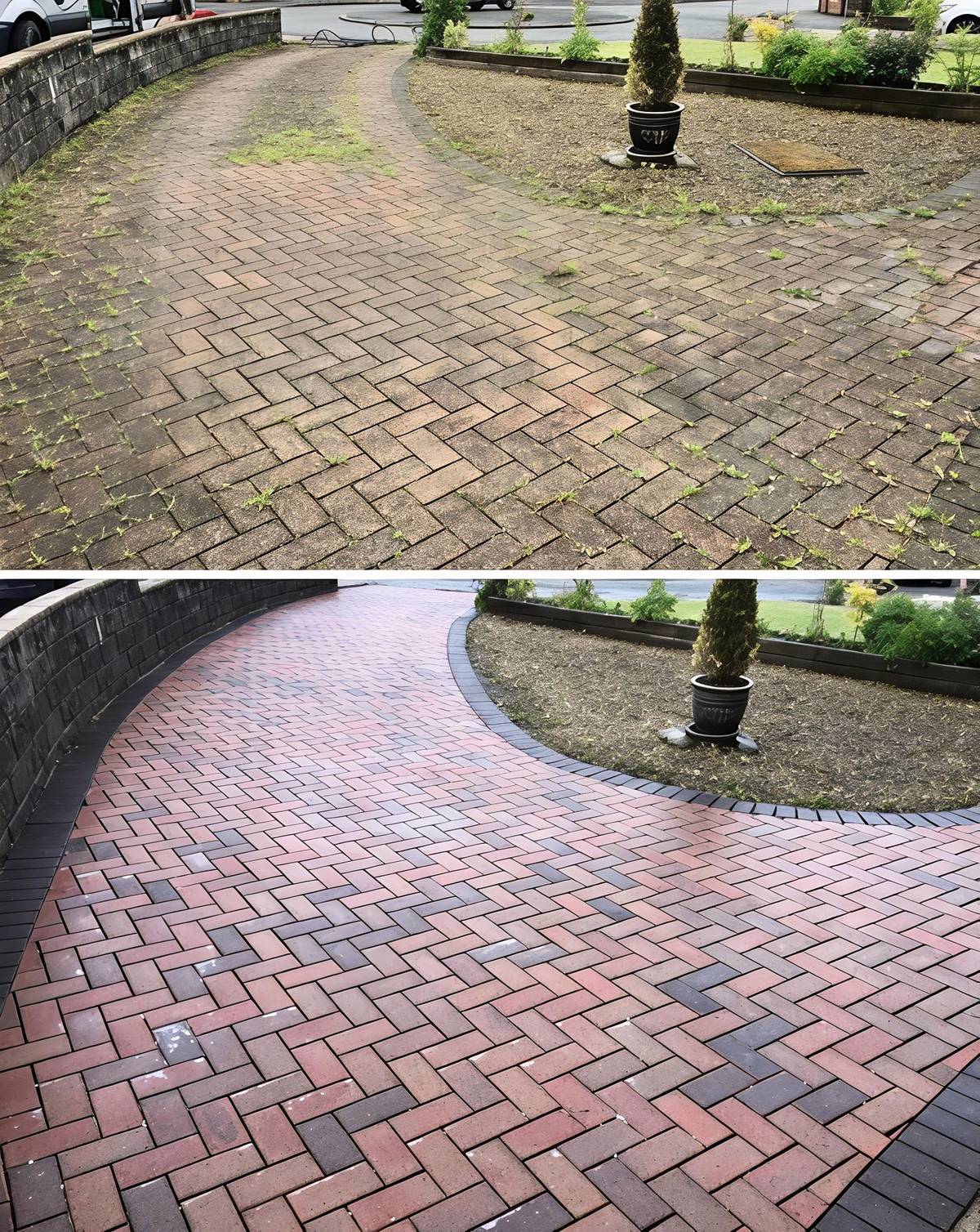 Brick paver driveway before and after pressure washing — dramatic before and after result