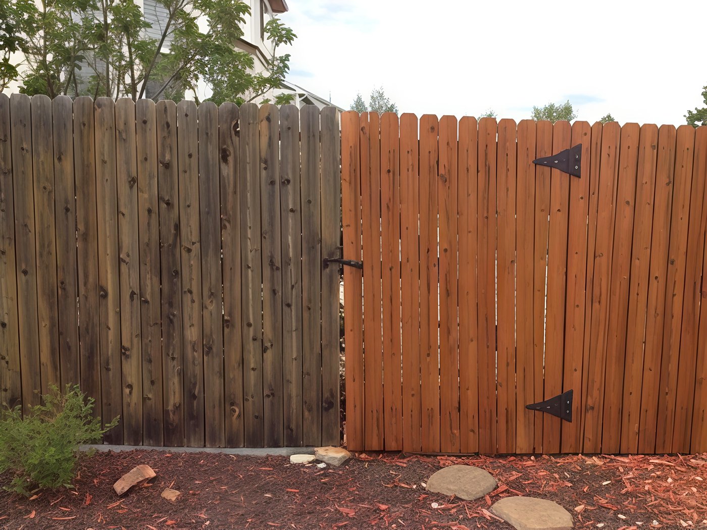 Wood fence before and after cleaning — dark weathered boards restored to bright cedar