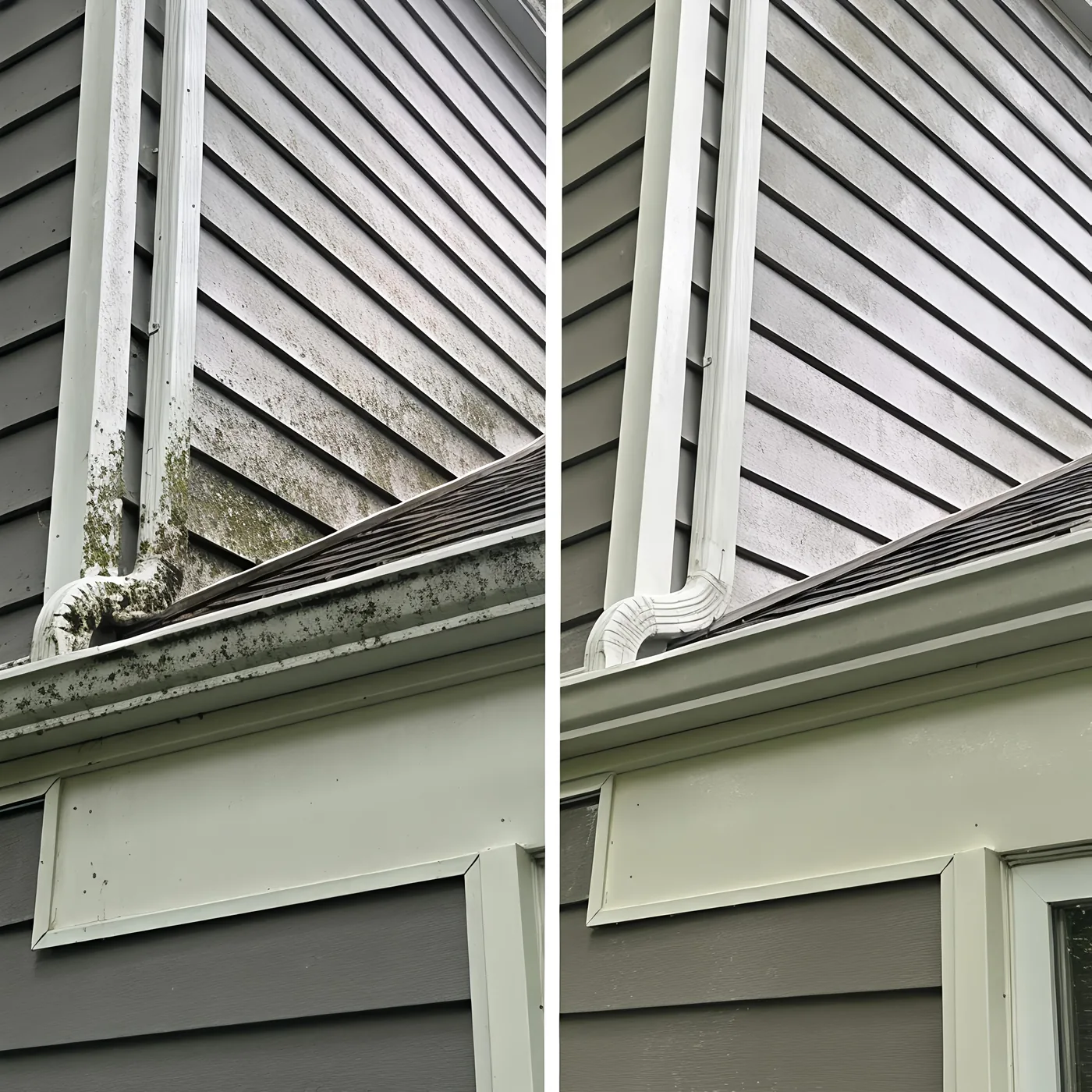 Gutter brightening before and after — black tiger stripe oxidation removed from white gutters and fascia