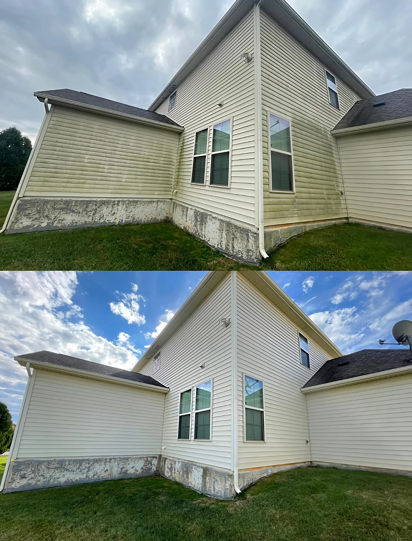 House soft washing before and after — green mold and algae removed from vinyl siding in Worcester MA