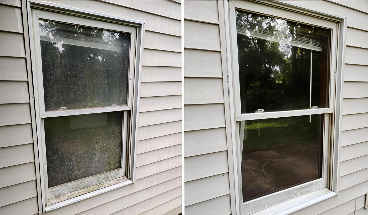 Window cleaning before and after — dirty grimy exterior windows cleaned streak-free